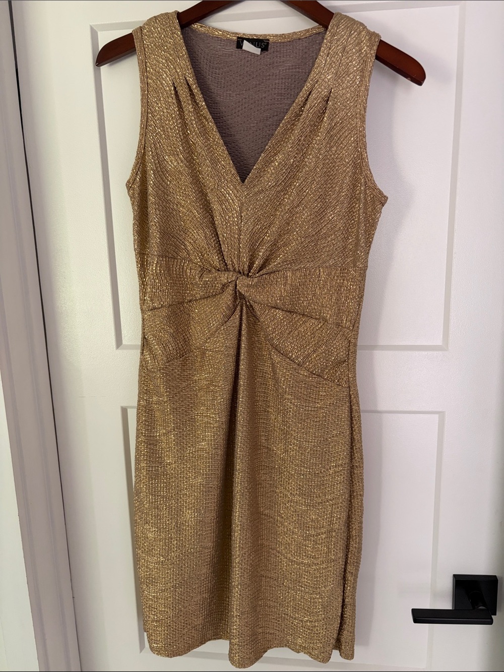 Venus Metallic Gold Twist-Front Sleeveless Dress. Size M